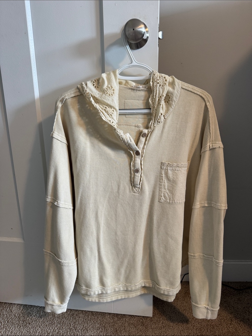 easel Cream Lace-Trim Henley Hoodie